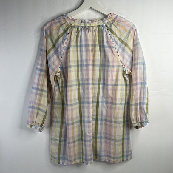 Talbots Size M Ruffle Tunic Top Rainbow Plaid Lightweight Ladder Trim Split Neck - Picture 11 of 13